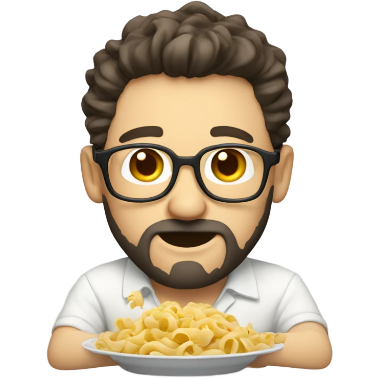 A light-skinned, nerdy man with dark hair and a beard eating pasta With a white shirt emoji