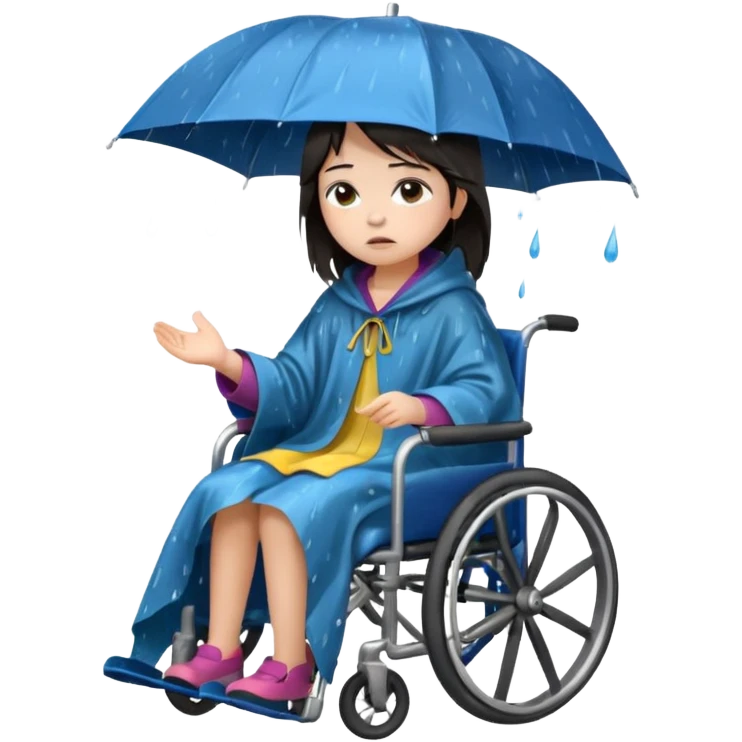 Girl with dark hair  in a wheelchair with rain poncho sad with rain storm  emoji