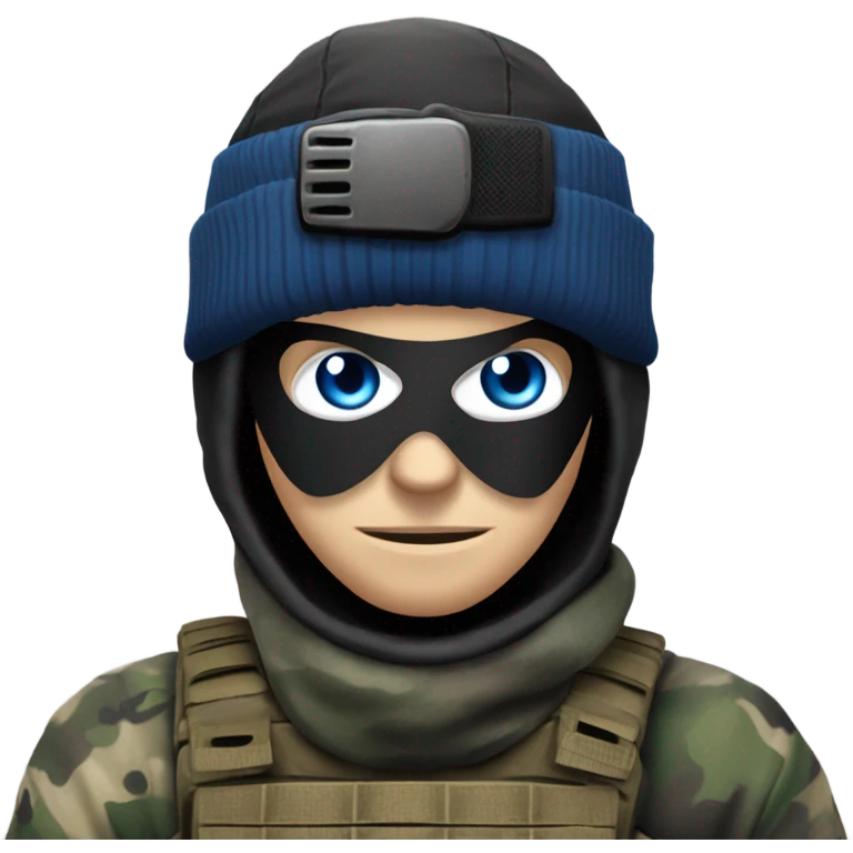 White male, call of duty black mask, camo tactical gear, combat boots, black beanie, blue eyes emoji