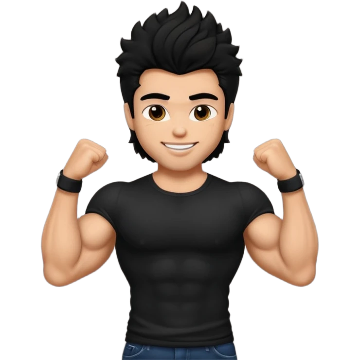 a pretty bratz guy with black hair with big muscles and shaggy hair in a tight black tee smiling emoji