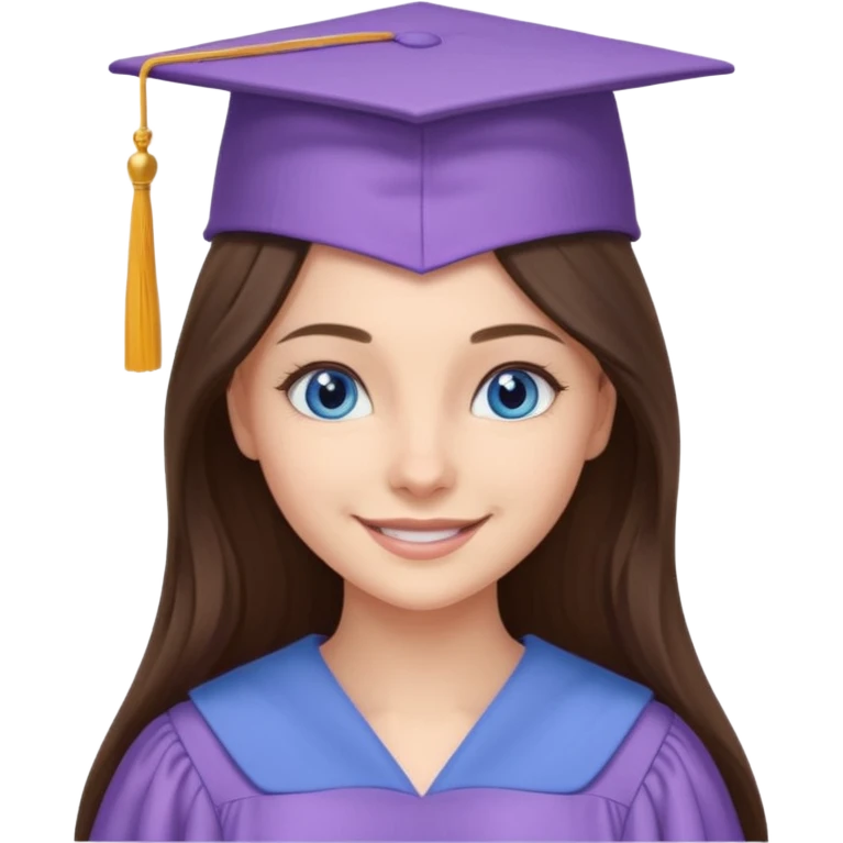 young brunette girl long hair, blue eyes and lilac gown and cap university graduate emoji