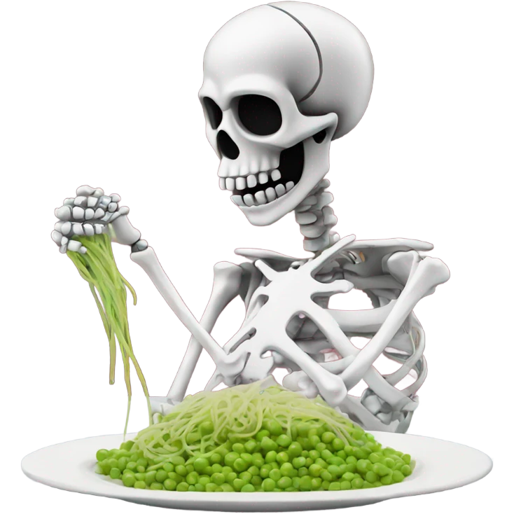 Skeleton made out of chrome eating spaghetti with peas emoji