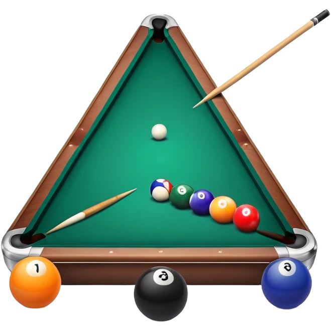 A billiard table with colorful balls arranged in a triangle, and a cue stick poised to break. The scene is set in a dimly lit room, with focused lighting highlighting the balls and table, emphasizing skill, precision, and strategy in the game of pool. emoji