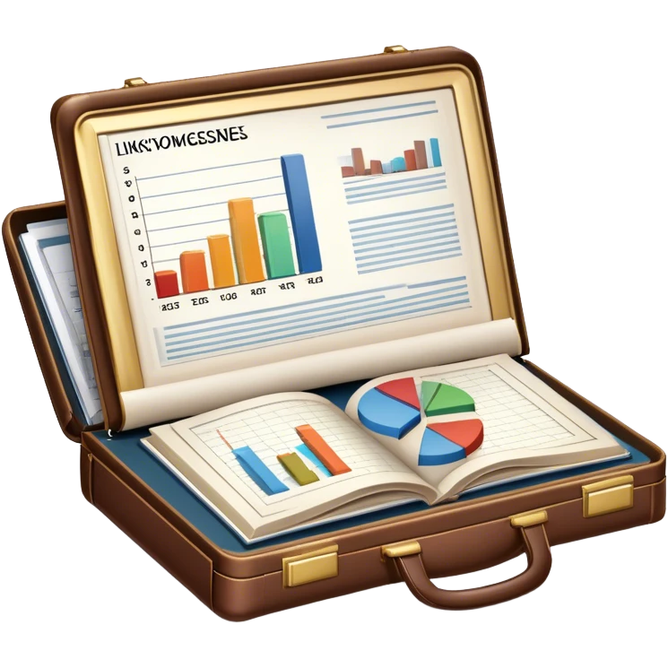Icon for Business Reading: an open book with a chart and graphs emerging from the pages, surrounded by a briefcase, a laptop, and a pen. The icon should represent the knowledge and strategies found in business literature. Transparent background. emoji