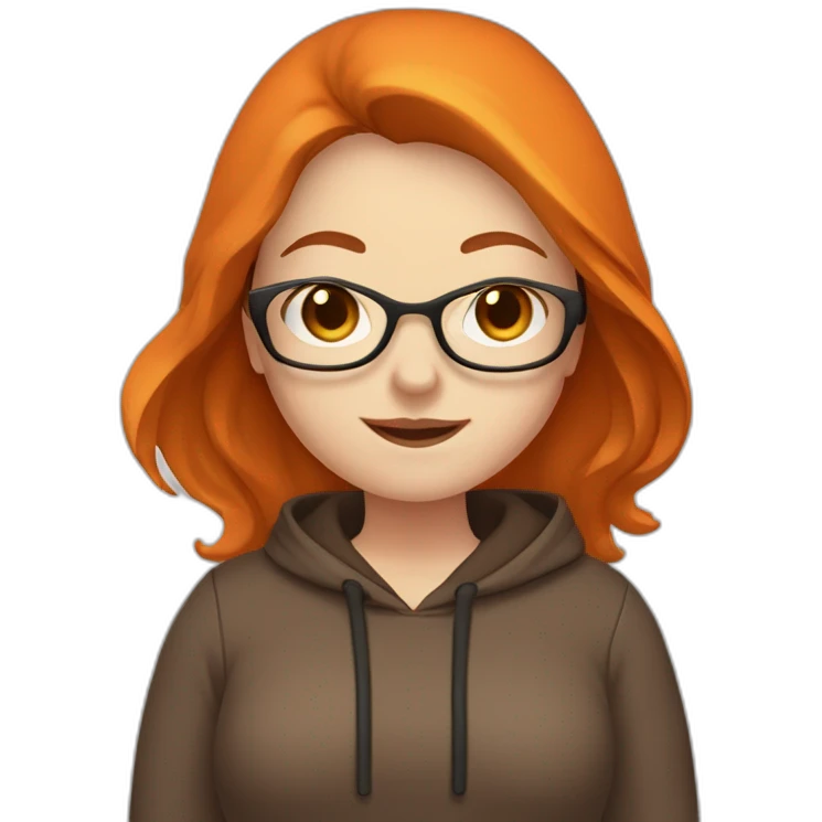 chubby woman with pale skin, with glasses, with long brown hair, wearing a dark orange hoodie, waving emoji