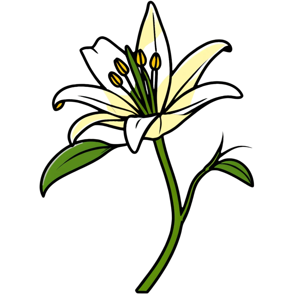 elegant white lily with six distinct petals, one unopened bud, and leafy stem emoji