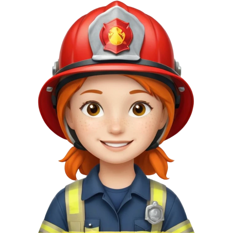 Young girl, firefighter helmet, smiling brightly emoji