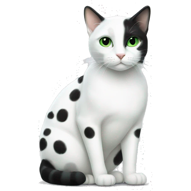 A white cat with big black dots and green eyes  emoji