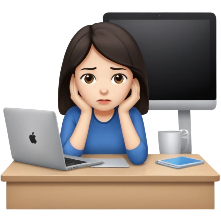 iOS emoji style - An sad and overwhelmed woman sitting at a desk with a laptop - She has dark hair. emoji