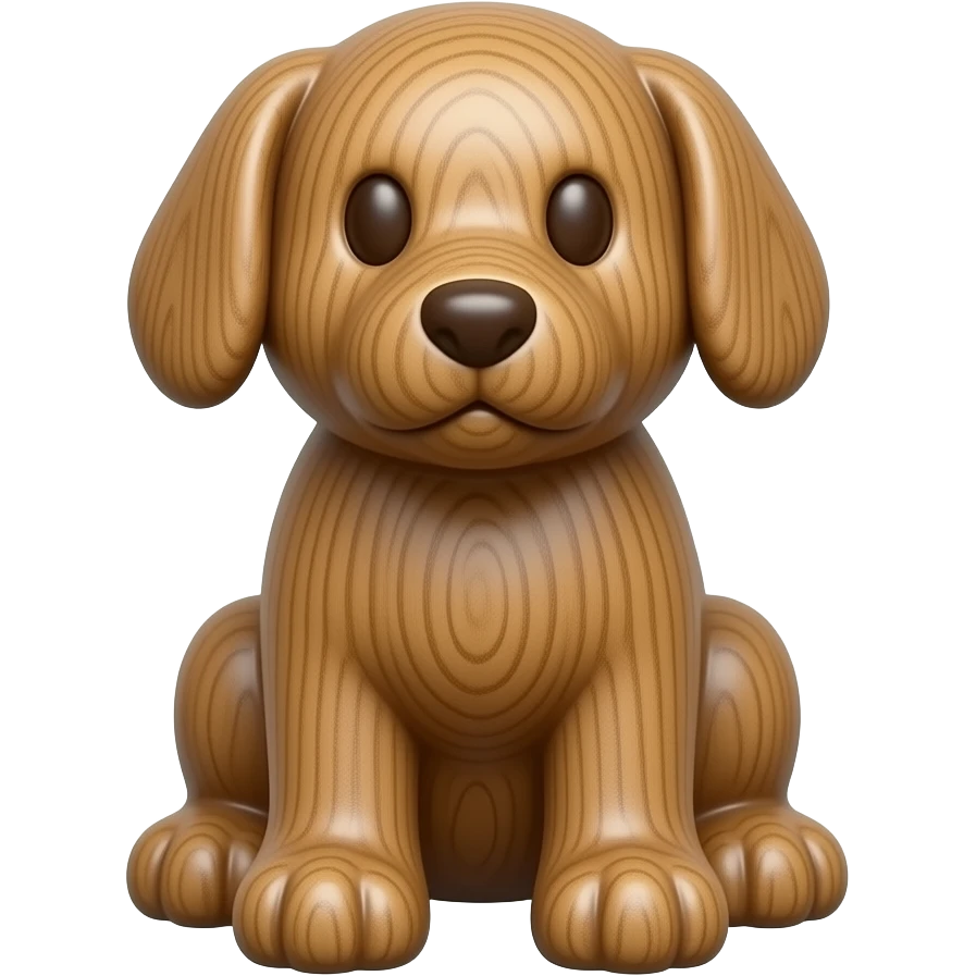 A carved wooden sitting dog toy emoji, made of warm oak with a smooth, polished finish. The dog has simple, rounded features with engraved details for eyes and nose, giving it a handcrafted, vintage look. The texture of natural wood grain is visible, adding authenticity. emoji