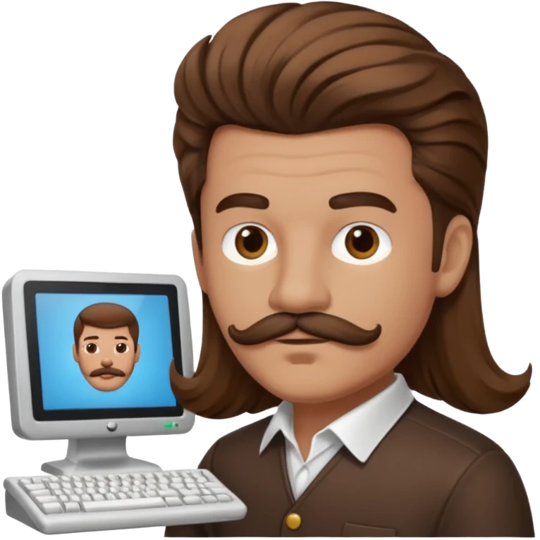 moreno, cabelo baixo, bigode e cavanhaque mexendo no computador emoji