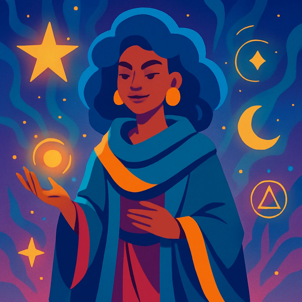 legendary mentor, young powerful and wise woman with inspiring aura, mystical environment, vibrant illustration style emoji