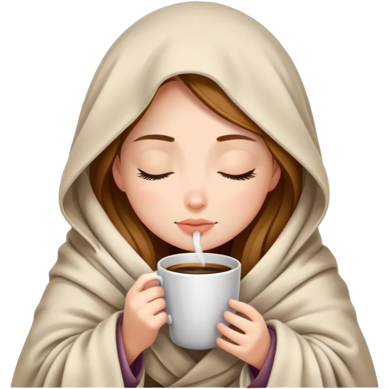 girl inside a blanket sipping coffee eyes closed emoji