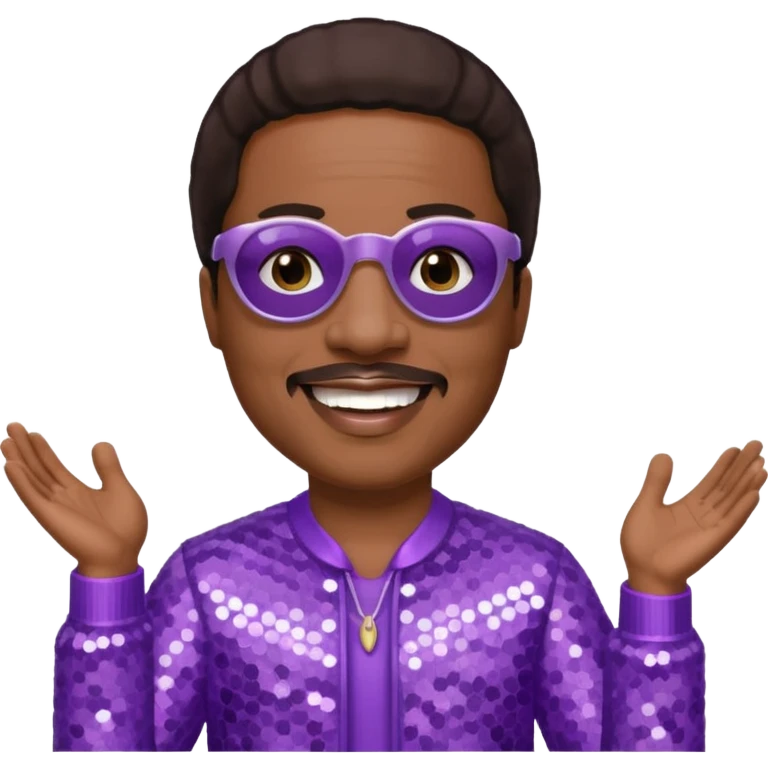 Stevie Wonder with dark brown hair, lilac sequin outfit  emoji