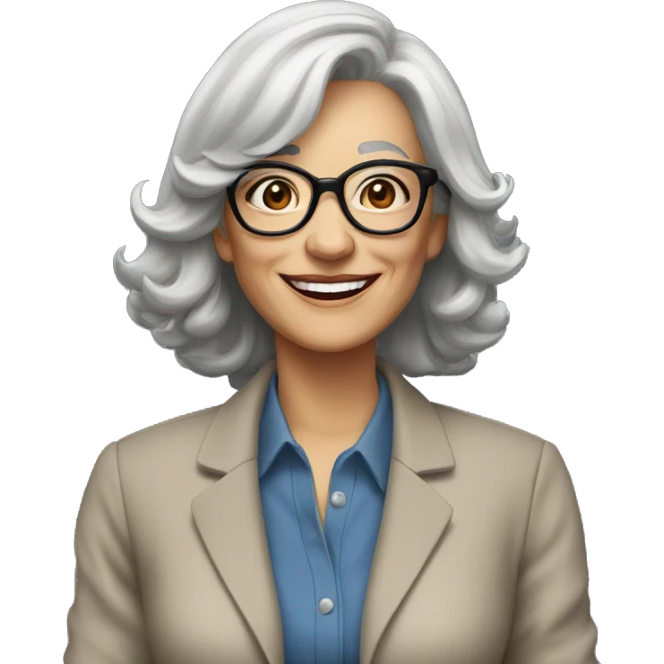 Woman in her 60s, with salt and pepper hair, pale skin, glasses, brown eyes, smiling wearing a blazer, collared shirt,  jeans emoji