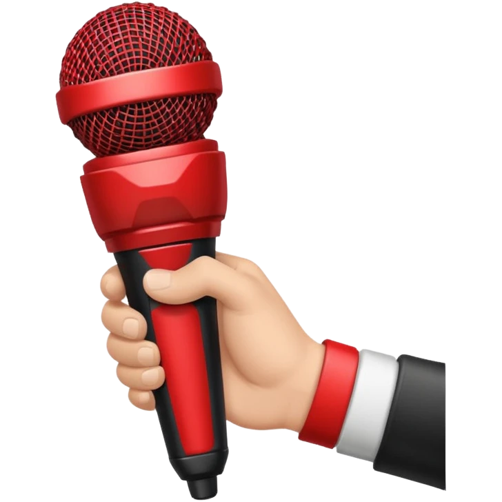 hand holding black stage microphone with red strip on bottom emoji