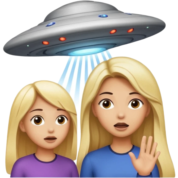 A girl with dark hair and a tan skin and a girl with long blonde hair getting sucked up by a ufo emoji