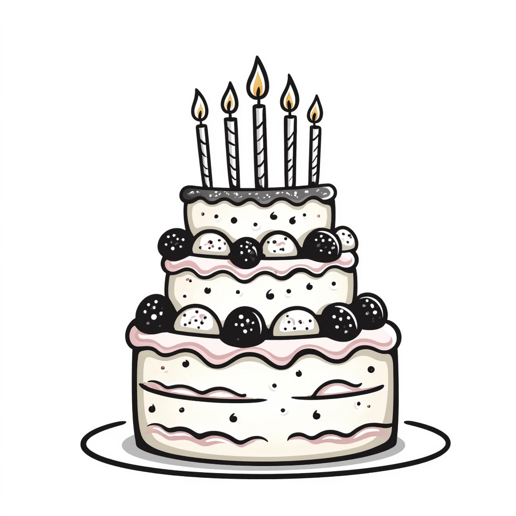 Decorated cake with multiple layers, frosting, and decorative elements. Using specific pastel colors (dd9fb0, ffc6d3, a3bfc9, c4bee2, f1b091). Hand-drawn doodle style with intricate details of icing, sprinkles, and possibly candles or berries. Transparent background. emoji