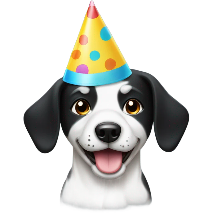 White and black dog wearing a birthday hat emoji