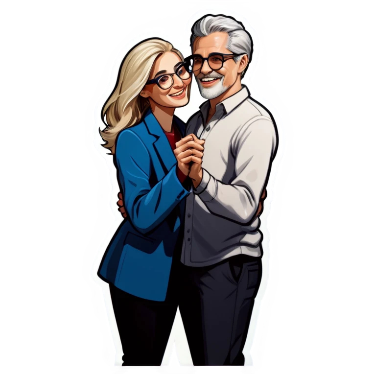 Hyper Realistic Couple in love,  dancing lady blonde wearing glasses man grey hair clean shaven
 emoji