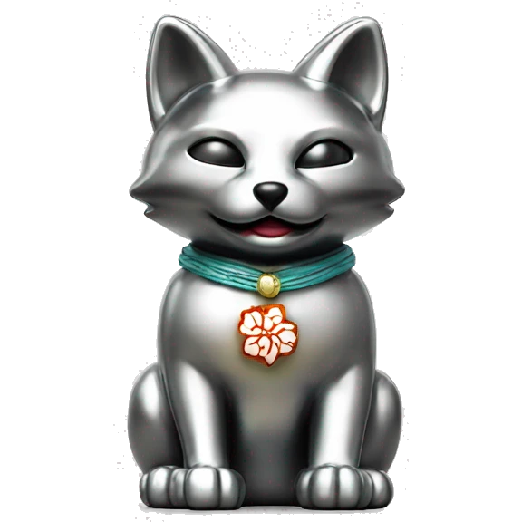 fully chrome fox statue in the form of maneki neko emoji