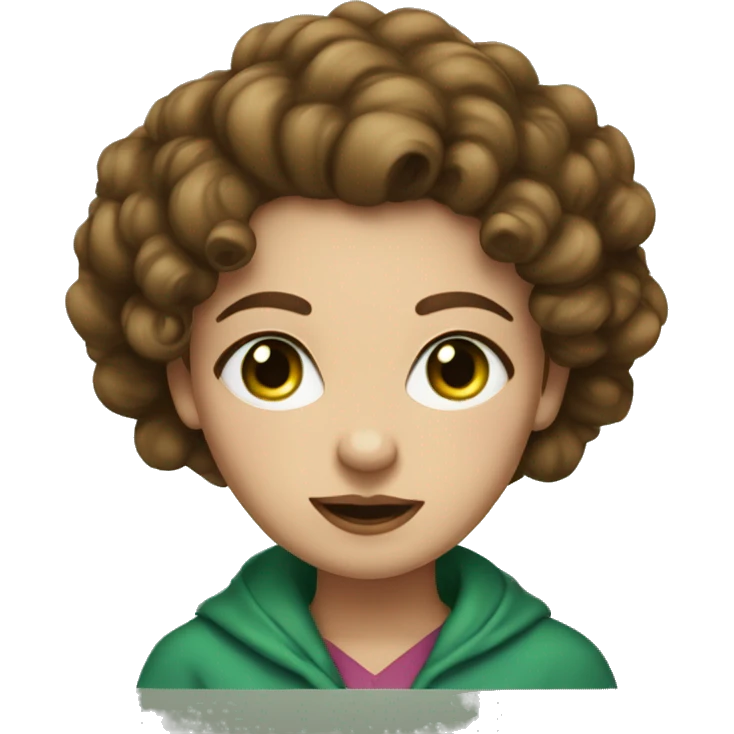 Woman with brown curly hair pinned up with a hairpin, blue eyes, green hoode emoji