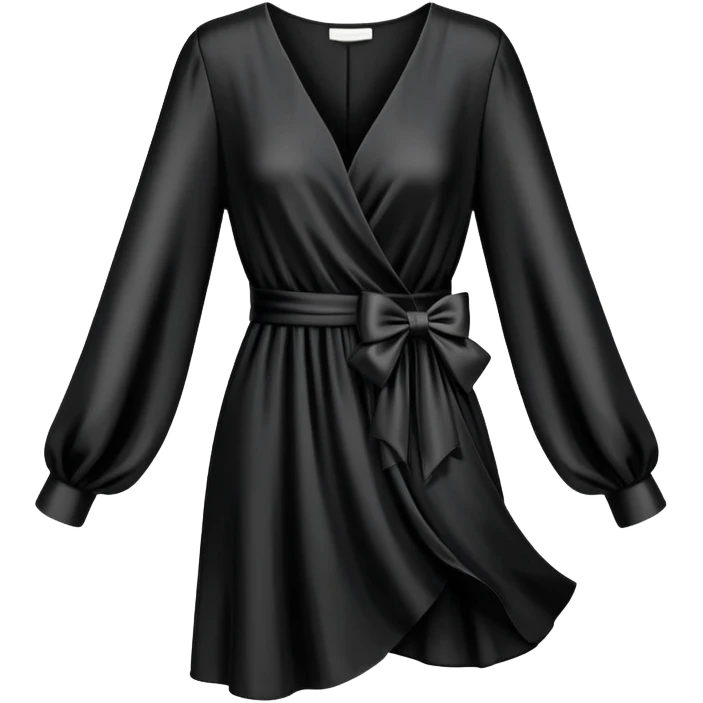 black silk v-neck wrap dress with a bow and long sleeves, isolated emoji