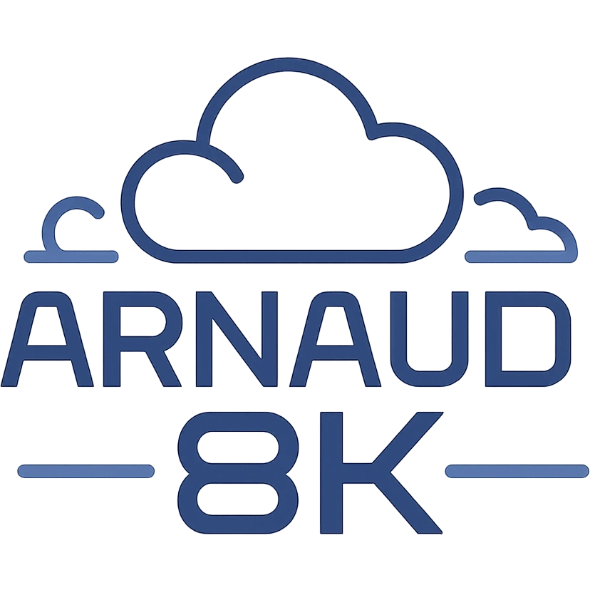 logo with 'Arnaud8K' in a tech-inspired, futuristic font, clean and minimal emoji