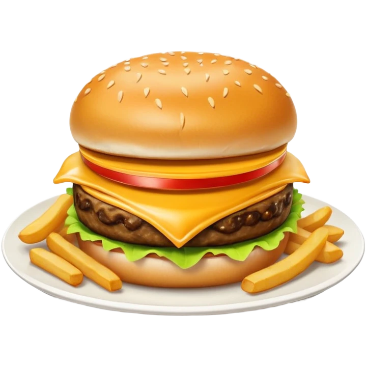 i want a Cheeseburger and Fries with a angle to 15–20° gentle bird’s-eye angle with Sause on white plate  emoji