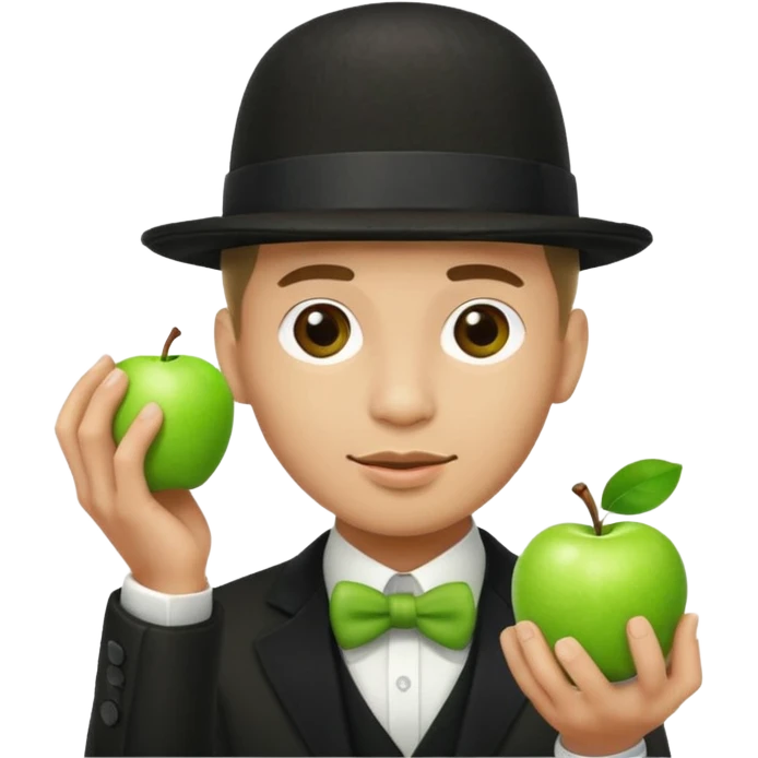 homme en costume chapeu melon aven avec une pomme verte dqui cache son visage  emoji
