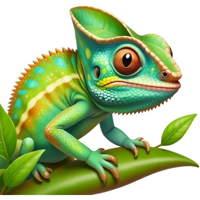 cinematic cute-smiling baby chameleon-realistic emoji,-blending-with-vibrant-greenery.-detailed-scales-in-shifting-colors,-showing-the-chameleon’s-ability-to-camouflage.-soft-natural-light-highlights-its-texture.-light-background, zoomed into its face emoji