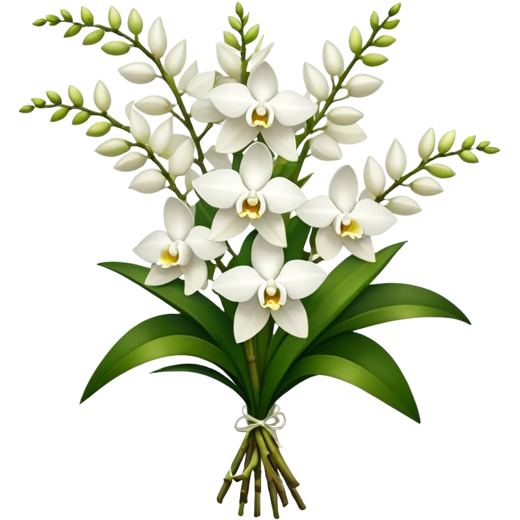 big bouquet white Dendrobium Orchid, stem, leaf emoji
