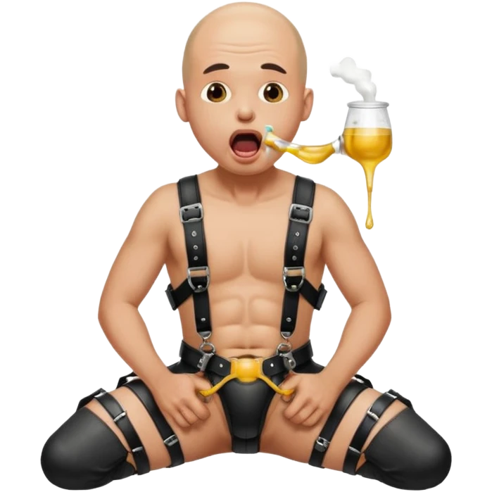 A bald man in a black leather harness on his knees, looking up with his mouth open and his tongue out swallowing piss emoji