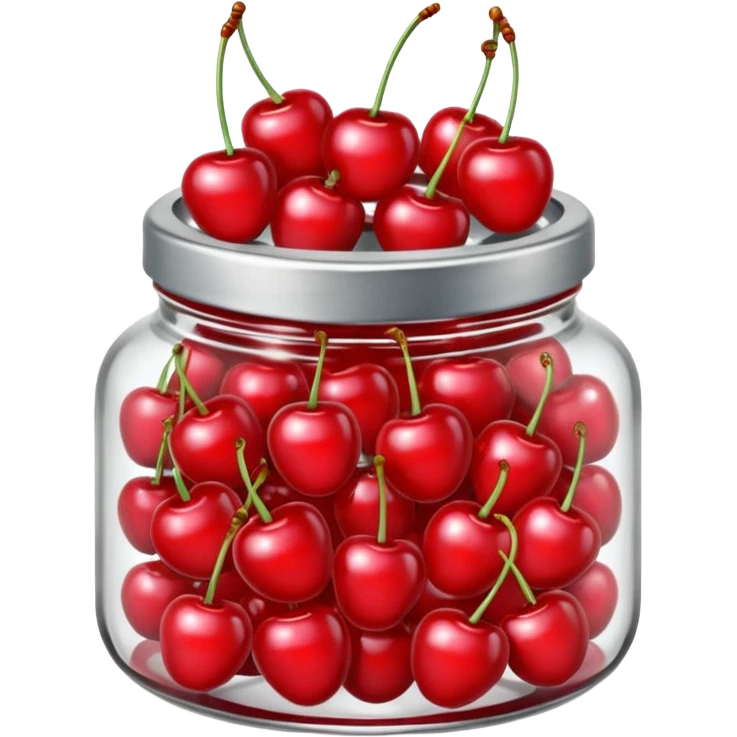 Realistic glass jar with silver metallic lid filled with maraschino cherries inside of it. emoji