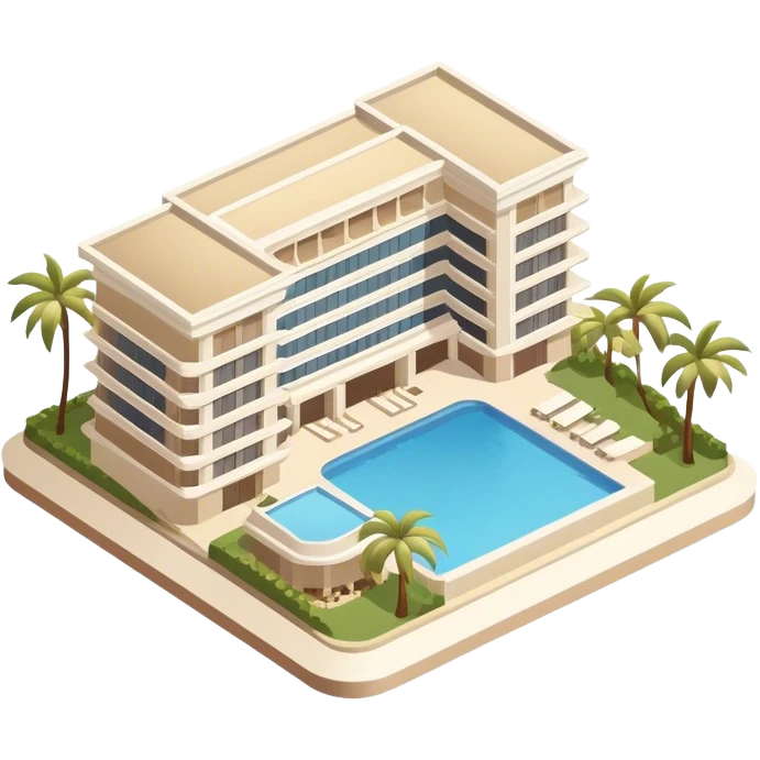 White and beige luxury resort hotel Hawaii, isometric exterior emoji