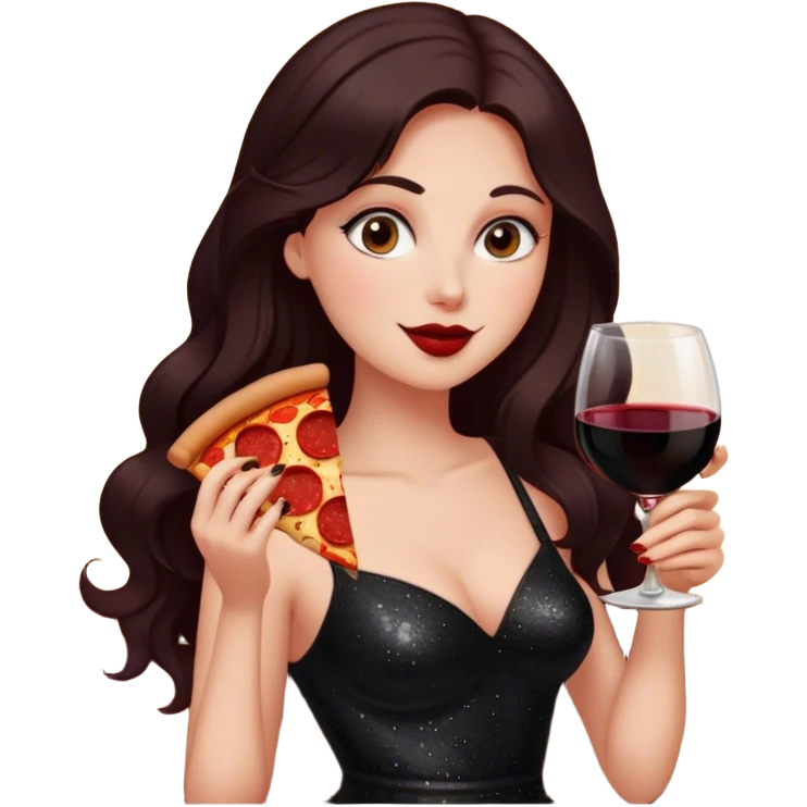 Beautiful woman in 1950’s woman fashion look, black shimmery dress, long dark brown hair, red wine, Pepperoni pizza emoji
