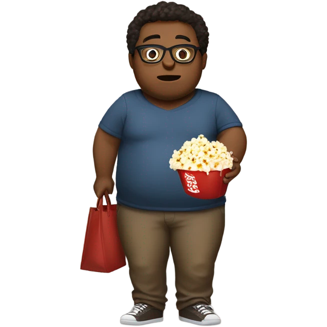 Fat Mocca-skin boy wearing glasses, holding popcorn in one hand and bag of nuts in the other hand  emoji