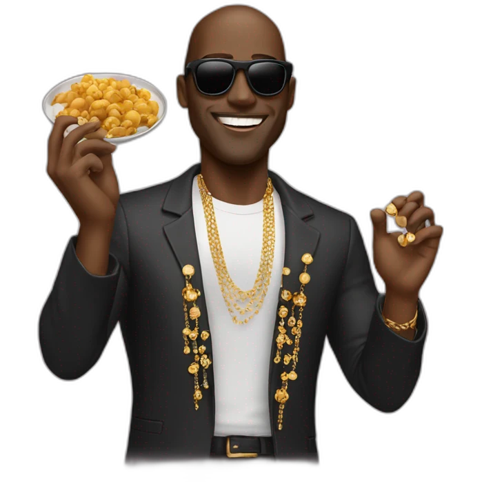 A black man waving with gold jewelry and sunglasses while eating chicken emoji