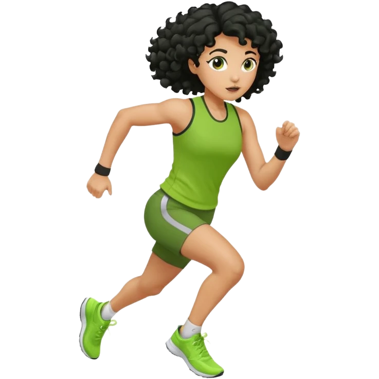a woman with olive skin tone and curly black hair wearing green and running fast emoji