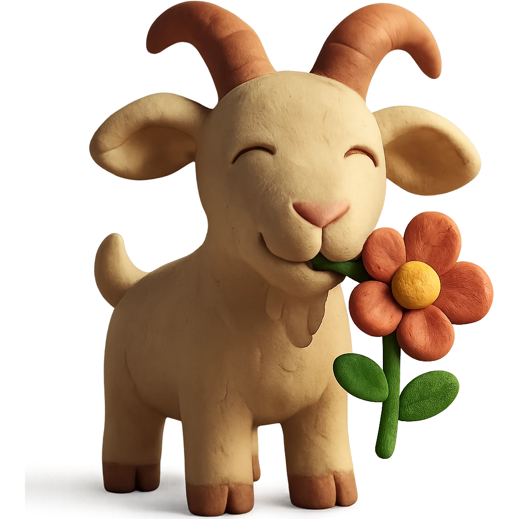goat chewing on a flower, cute and whimsical, matte finish, claymation style emoji
