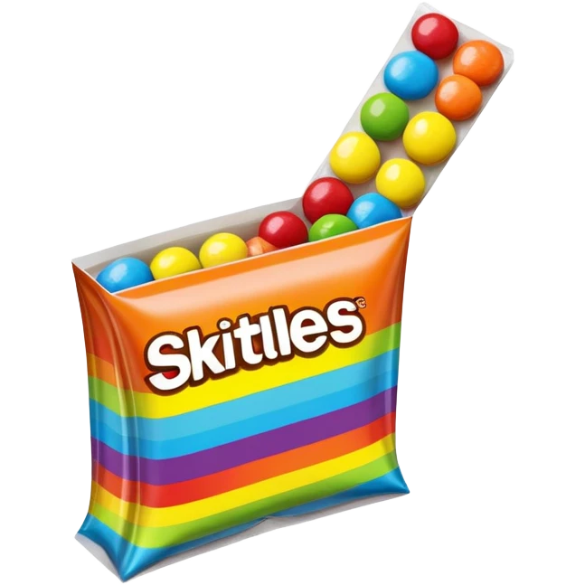An extremely minimalist Skittles package, simple rainbow stripe design with a few green candies. Very clean and simplified. emoji