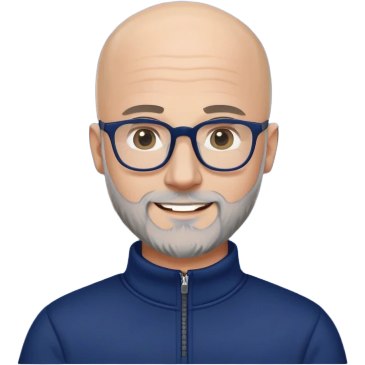 Caucasian man with skin fade haircut (bald on sides fading to short on top), short beard with gray streaks, large black eyeglasses, cheerful expression, navy blue long sleeve sweatshirt with quarter zip emoji