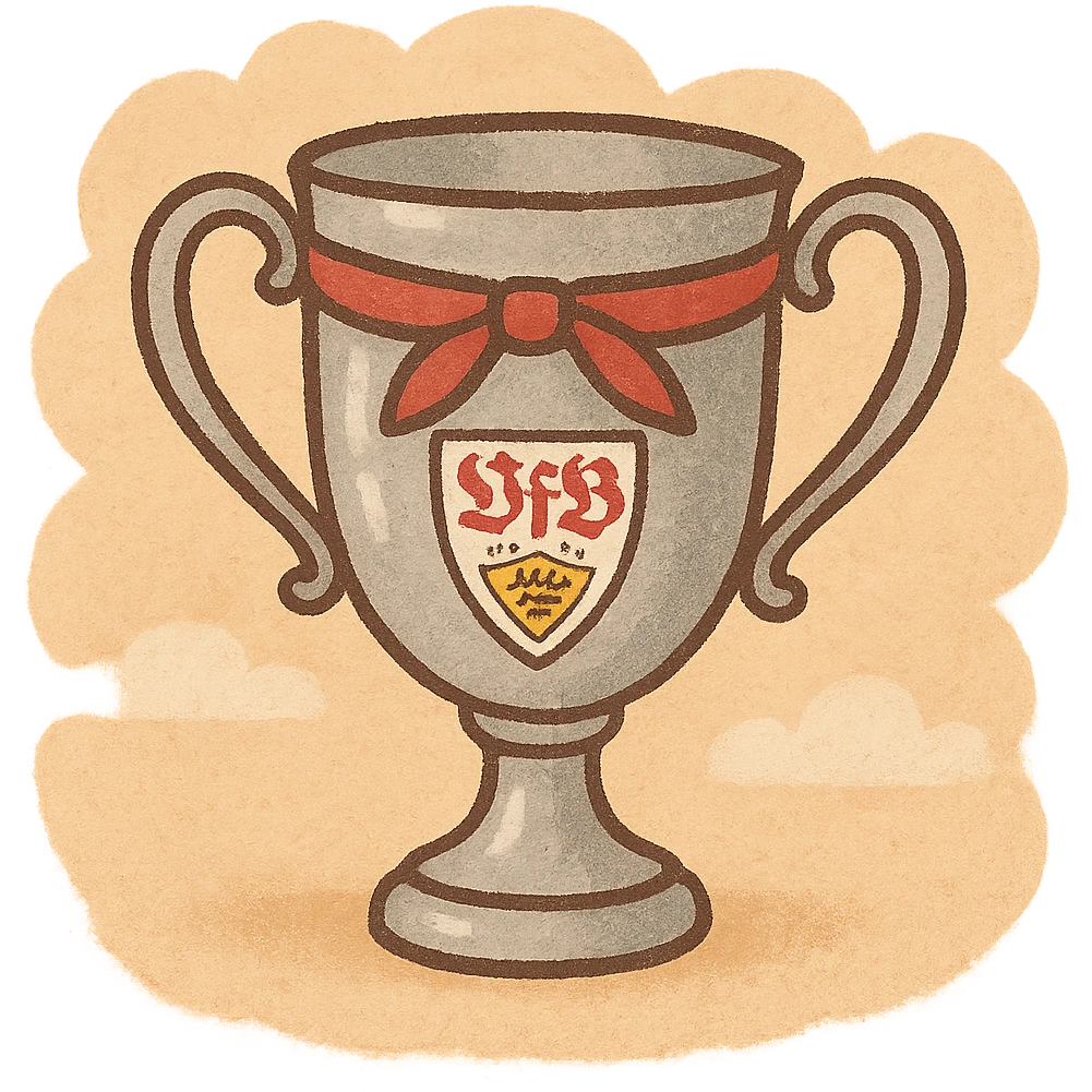 VfB Stuttgart trophy, football club, cartoon style, shiny cup with red ribbon, playful emoji