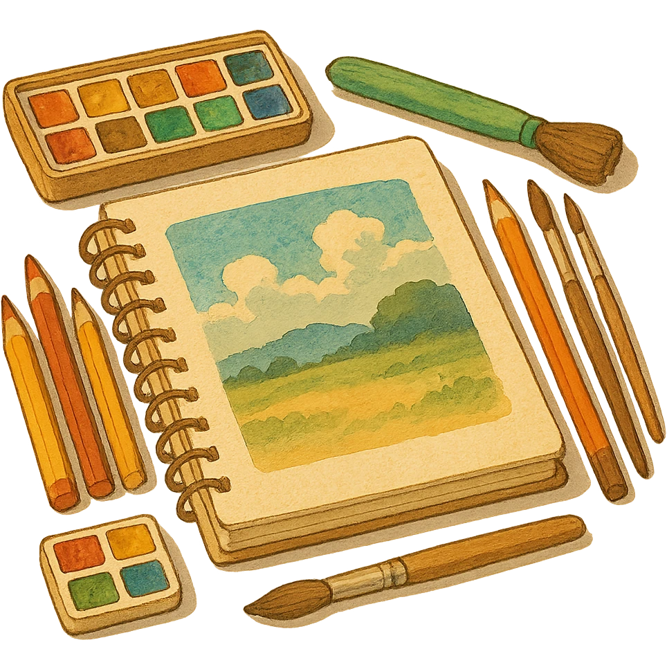 ghibli style illustration of a sketchbook with art supplies, warm and inviting emoji