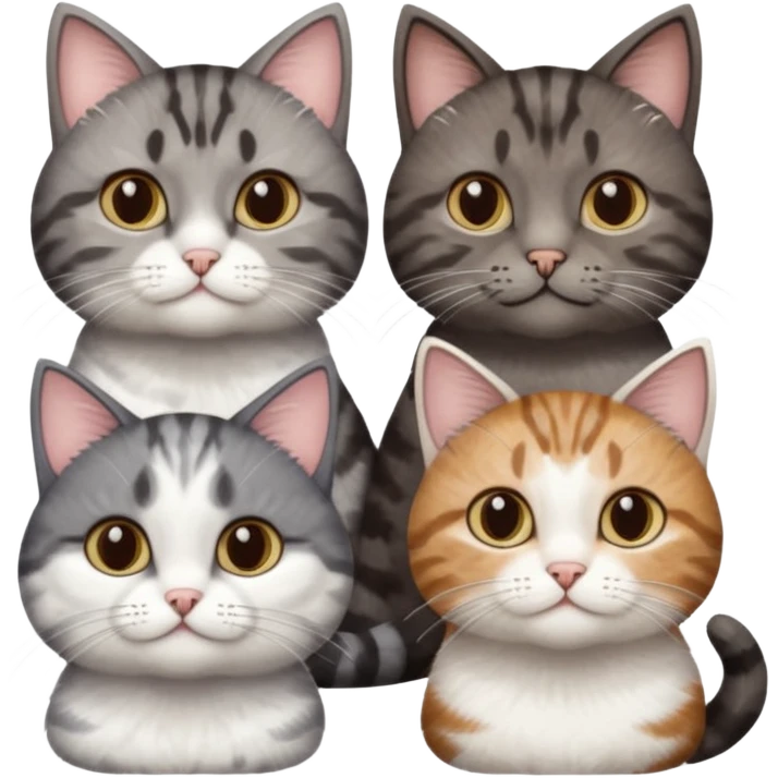 3 different coloured short haired cats including; a dark brown tabby and white cat, and a dark grey and white  emoji