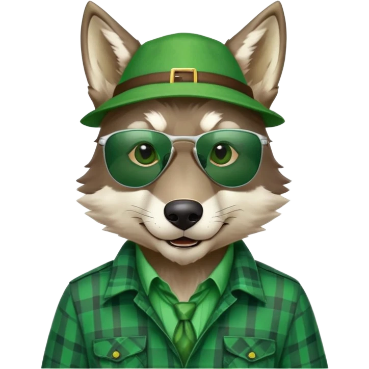 head and shoulders friendly anthropomorphised wolf in green plaid shirt and green attire for St. Patrick's Day, wearing dark sunglasses, festive pose emoji