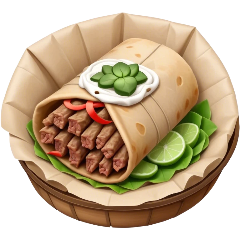 Gyros Cinematic Realistic Gyros Dish Emoji, depicted as succulent, spiced meat wrapped in paper for easy handling, rendered with lifelike textures and dynamic, warm lighting. emoji