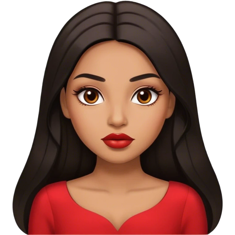 light brown skin tone, very beautiful woman, with big plump lips, long long lashes, black long straight hair, middle hair parting, brown eyes, red dress emoji