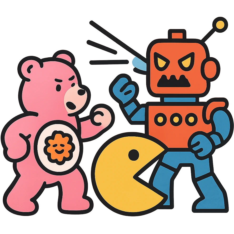 Care Bears and Pacman teaming up against a robot villain, 80's sci-fi style emoji