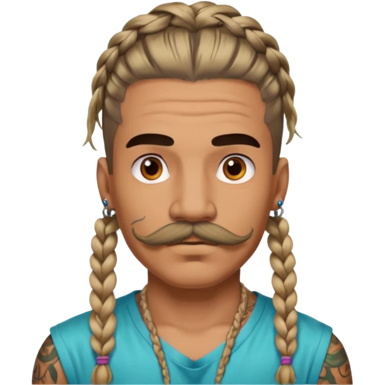 big lose braids starting from the top sides of the head man with mustache face wiith big visible loose only two braids and lots and lots of colored face tattoos colored tattoos like a tattoo artist hair unique color emoji